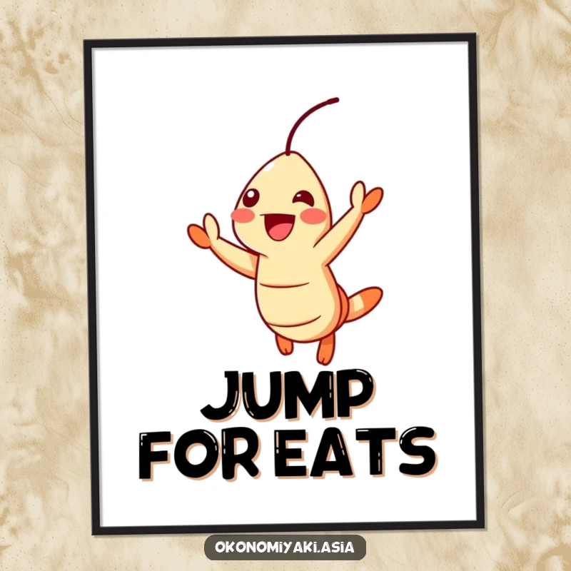 Funny Poster depicting a cheerful tempura shrimp jumping with excitement, perfect for vibrant food-themed decor.