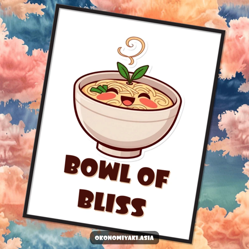 Funny Poster featuring a smiling, stylized ramen bowl character with steam gently rising, bringing cute and comforting vibes.