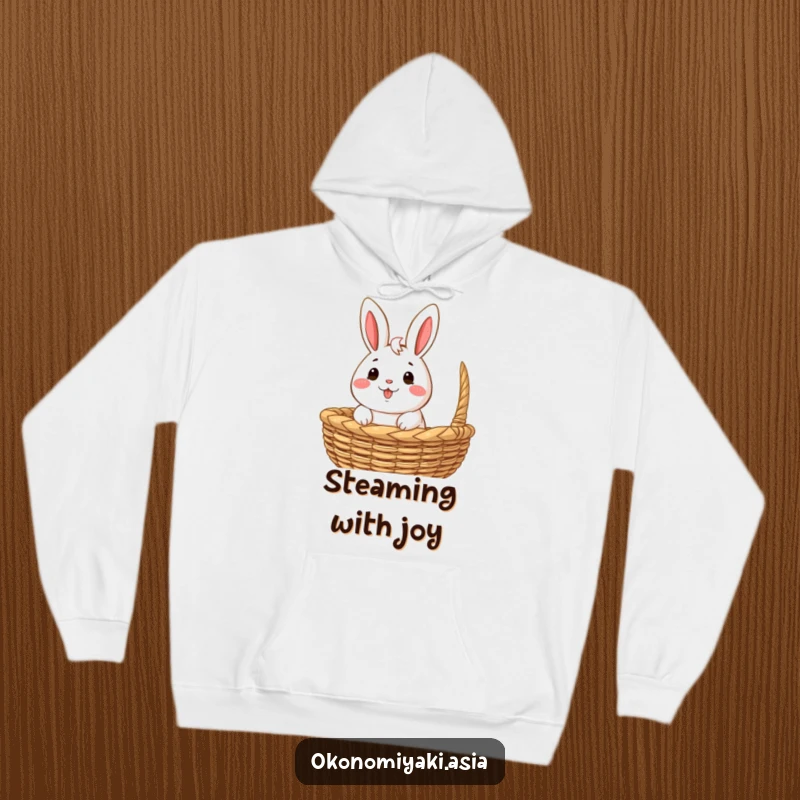 Funny Hoodie featuring a happy, anthropomorphic bao bun character emerging from a woven basket, offering warmth and cuteness.