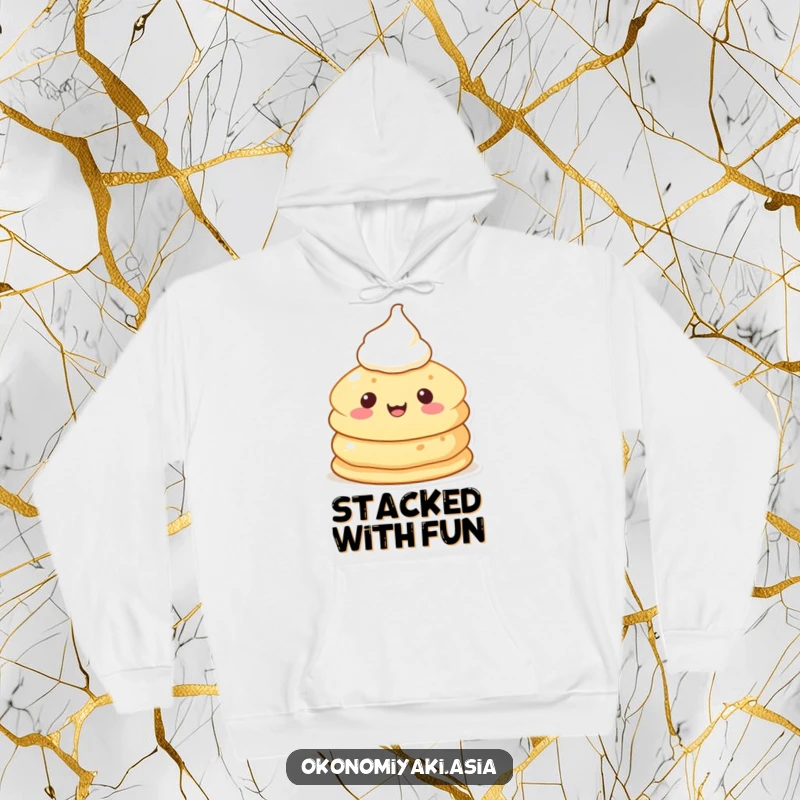 Funny Pancake Character Hoodie showcasing a cheerful, anthropomorphic pancake topped with cream, offering warm, joyful comfort.