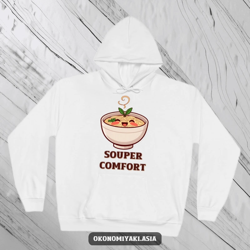 Funny Hoodie featuring a smiling, stylized ramen bowl character with gentle steam, offering warmth and adorable style.