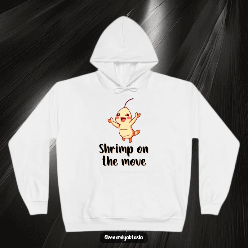 Funny Hoodie showing a cheerful tempura shrimp jumping with excitement, ideal for cozy foodie fun and energetic vibes.