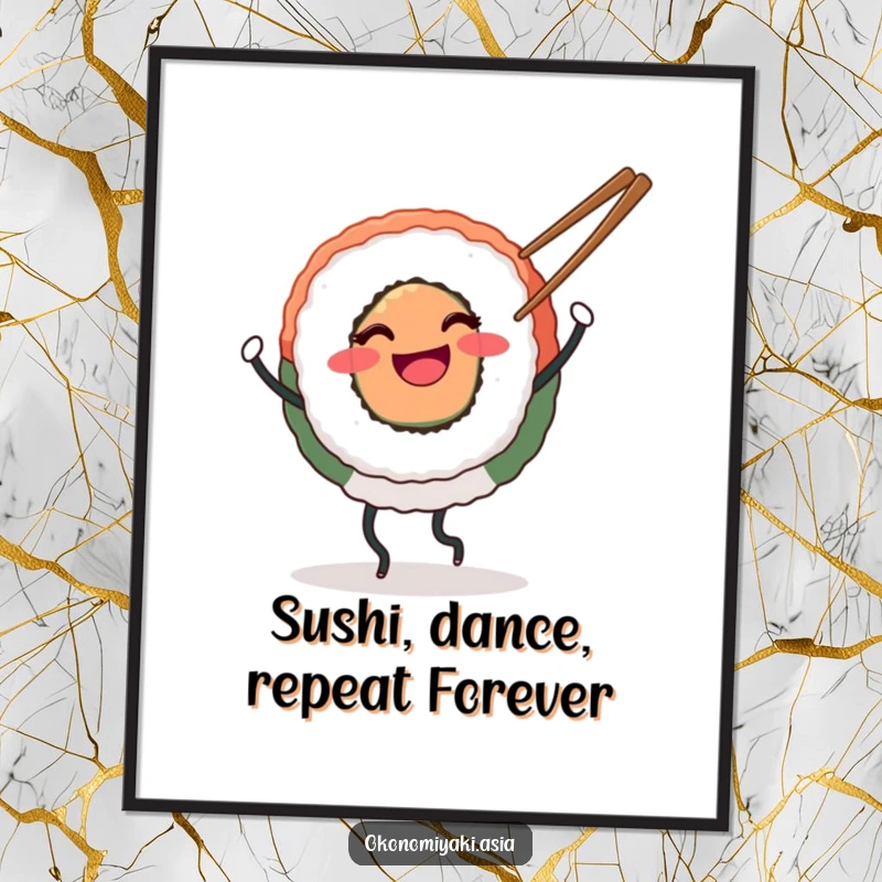 Funny Free Printable Wall Art: Round sushi with legs happily dancing with chopsticks, energetic and amusing.