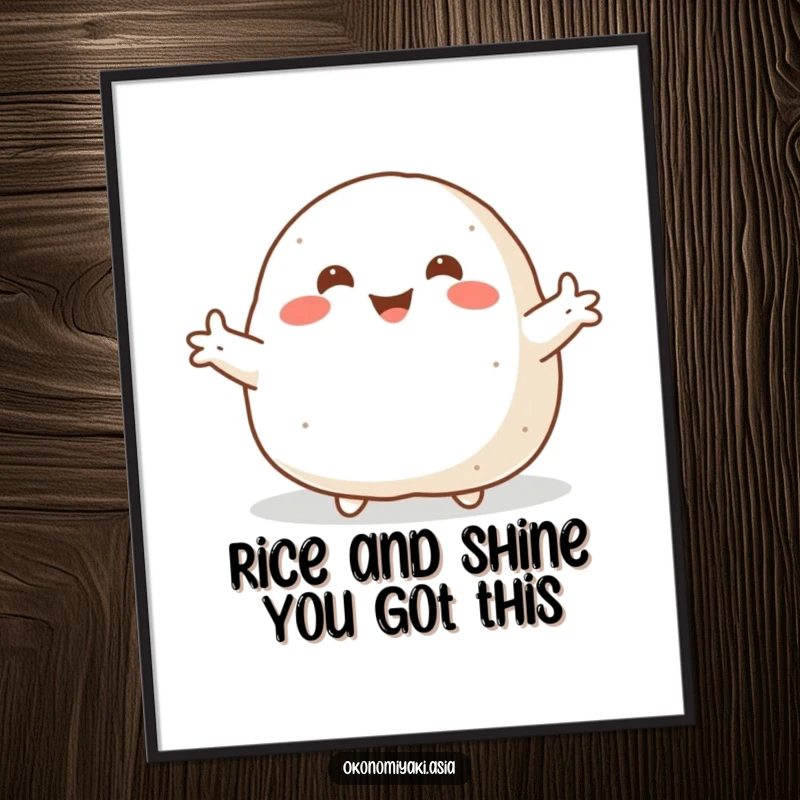 Funny Free Printable Wall Art: Smiling plump onigiri with arms flung wide, an inviting and humorous character.