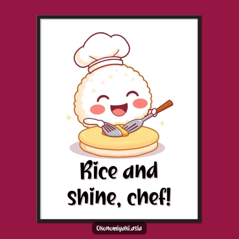 Free Printable Wall Art: Grinning Chef Rice Ball Flipping Pancake Culinary Humor Decor