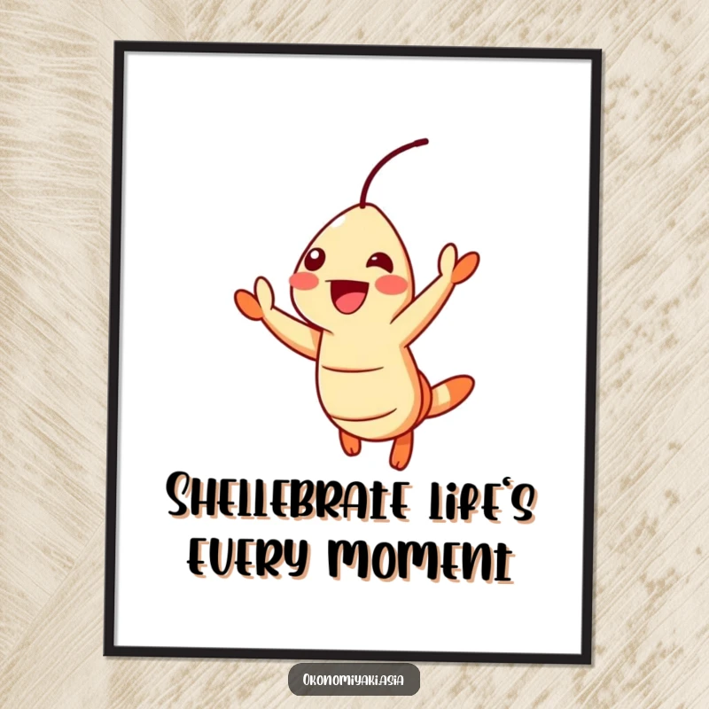 Funny Free Printable Wall Art: Cheerful tempura shrimp jumping with excitement, an energetic and amusing piece.