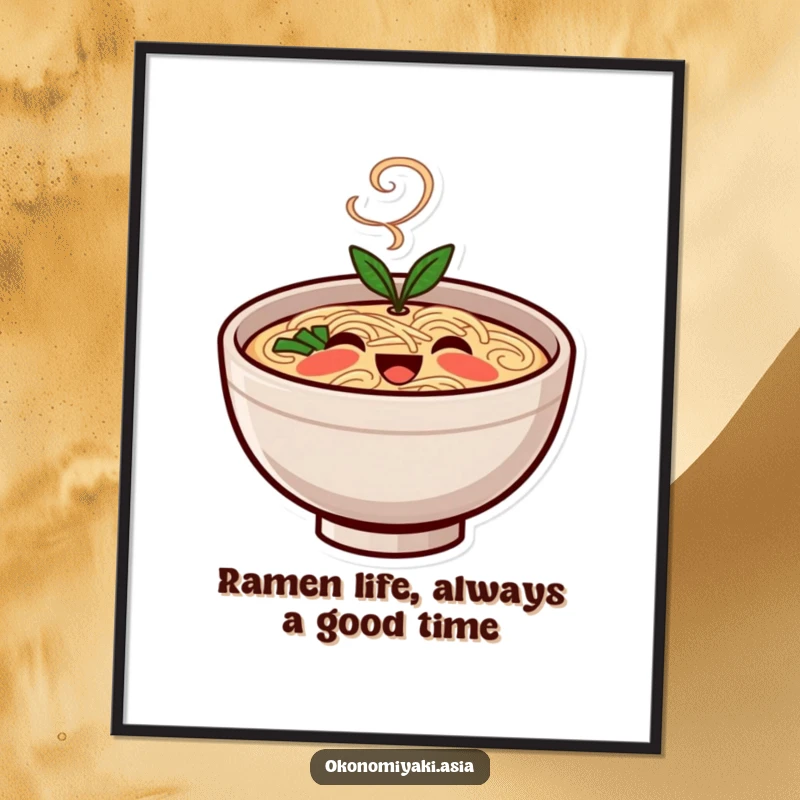 Funny Free Printable Wall Art of a smiling, stylized ramen bowl character with steam rising, perfect for adding warmth and charm.
