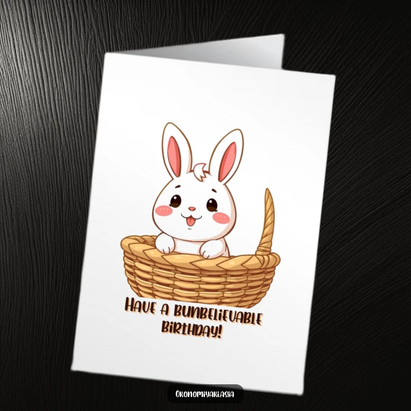 Funny Free Printable Birthday Card featuring a happy, anthropomorphic bao bun peeking from a basket, wishing sweet birthday joy.