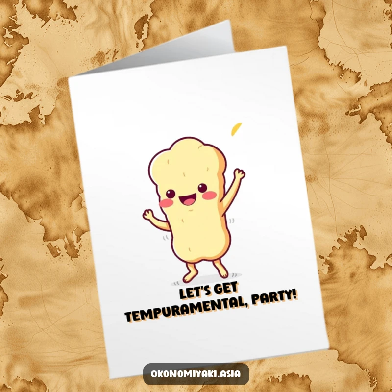 Funny Free Printable Birthday Card featuring a stylized, wiggling tempura character doing a playful jig, wishing a lively celebration.