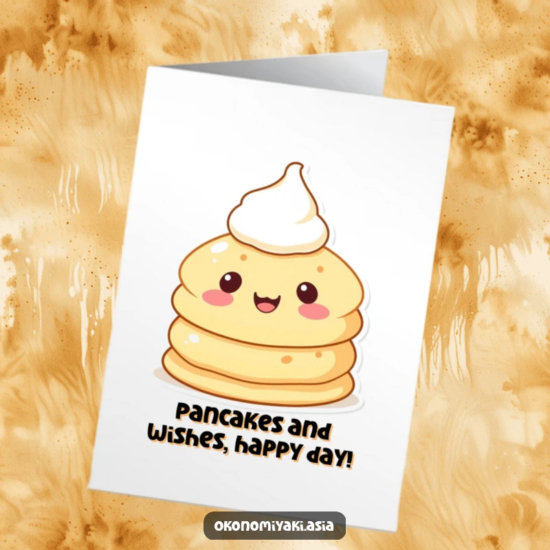 Funny Free Printable Birthday Card: A cheerful pancake character with cream smiles, ready to celebrate a birthday.