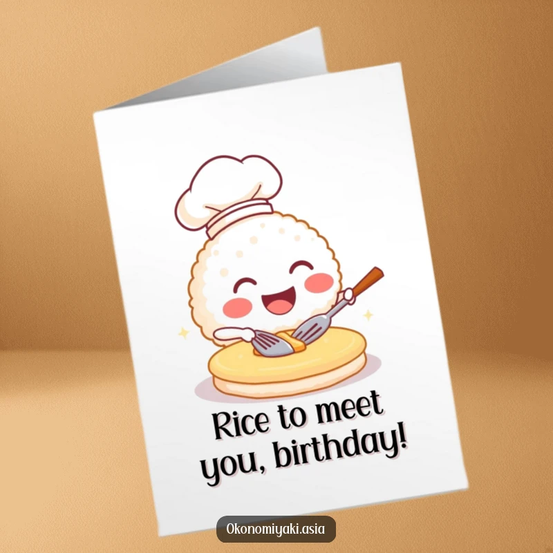 Funny Free Printable Birthday Card: Grinning rice ball in a chef hat flips a pancake with delight for a birthday surprise.