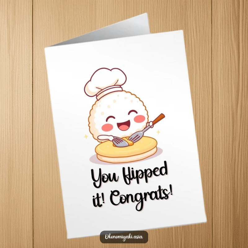 Funny Free Printable Congratulations Card: Adorable rice ball chef with hat flips a pancake, celebrating success with a grin.