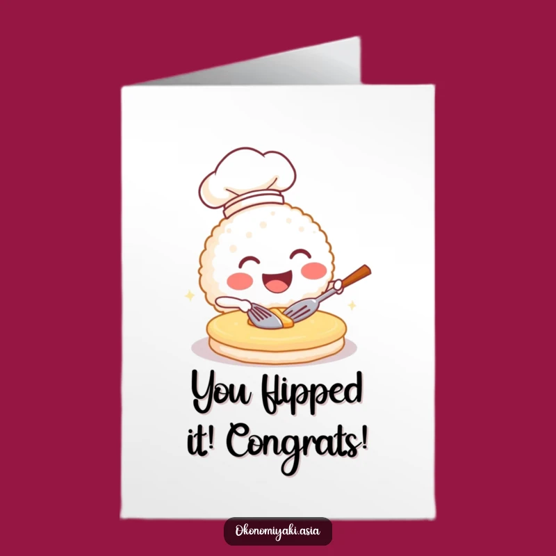 Free Printable Congrats Card: Chef Rice Ball Flipping Pancakes Funny Celebration Card