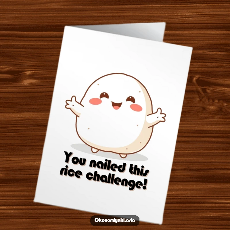 Funny Free Printable Congrats Card: Smiling plump onigiri with arms flung wide, a cheerful welcome.