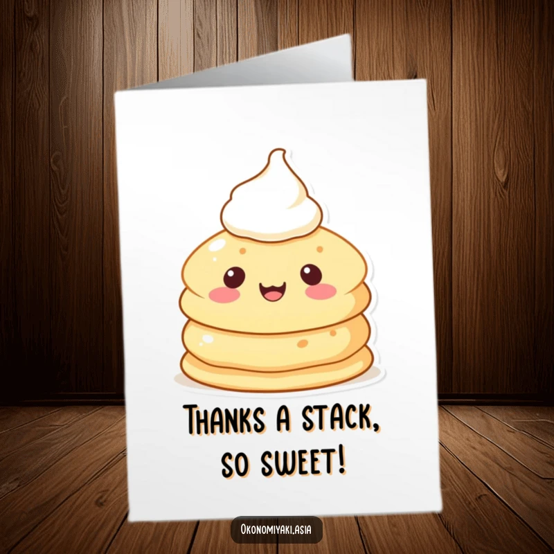 Funny Free Printable Thank You Card: A happy pancake character with a dollop of cream offers a friendly wave of thanks.