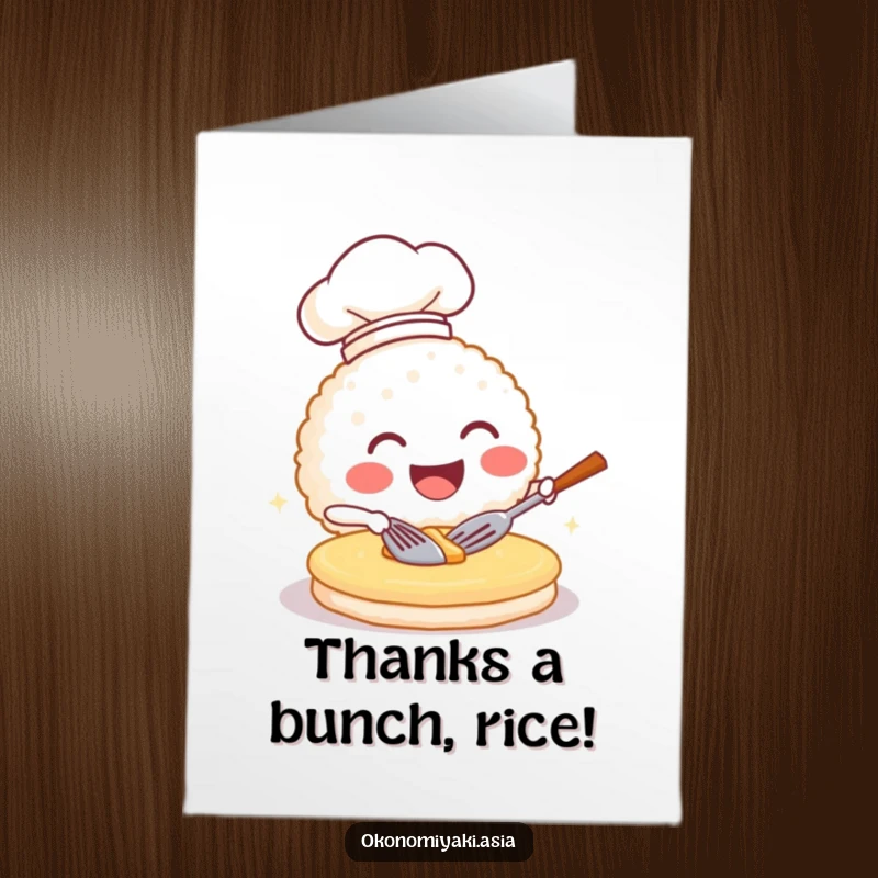 Funny Free Printable Thank You Card: A cheerful rice ball chef hat on, flipping a pancake as a thank you.