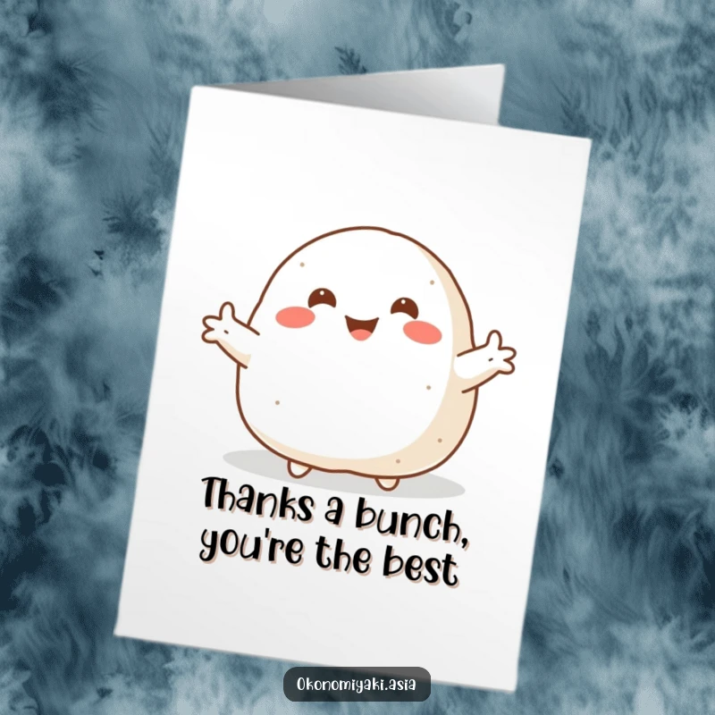 Funny Free Printable Thank You Card: Smiling plump onigiri with arms flung wide, a warm and thankful embrace.