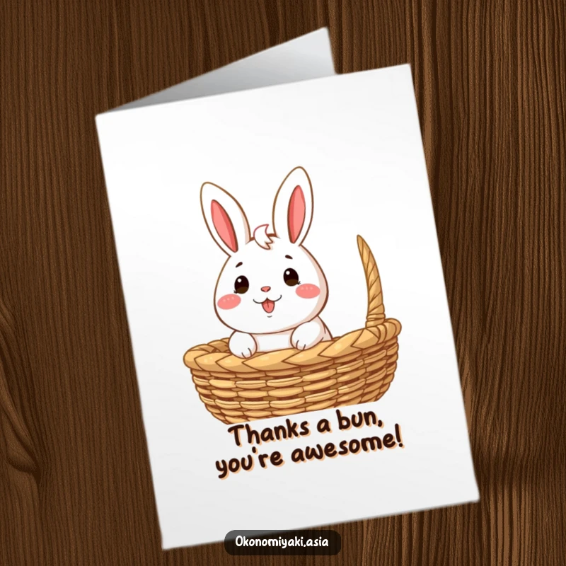Funny Free Printable Thank You Card featuring a happy bao bun character peeking from a basket, conveying sweet and warm gratitude.