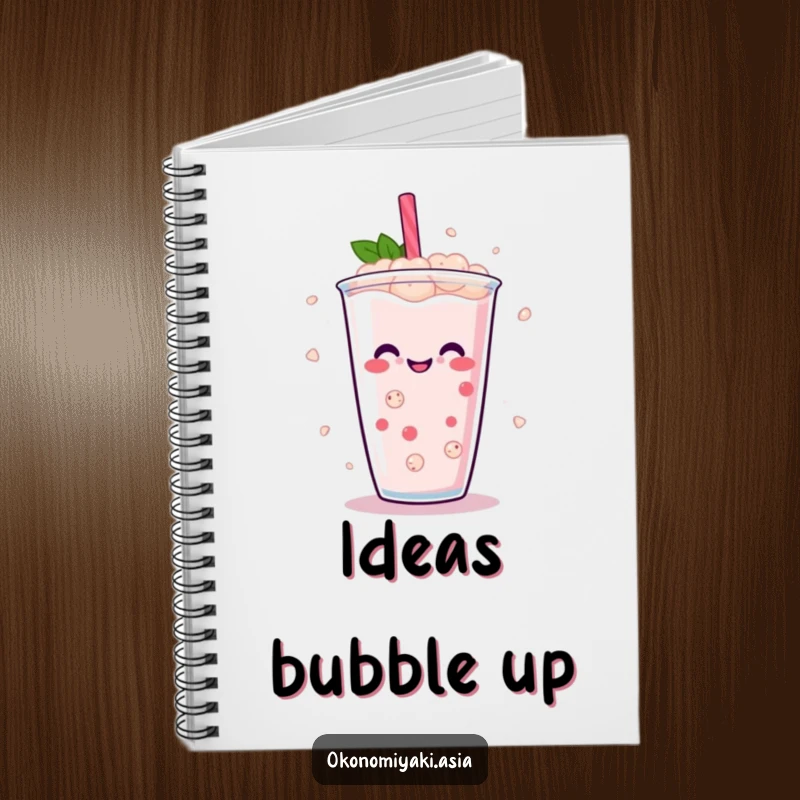 Funny Boba Pearl Notebook featuring abstract, smiling boba pearls dancing in a drink, perfect for note-taking and journaling.
