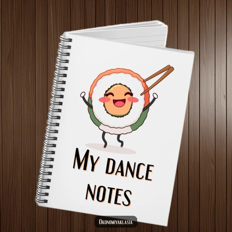 Funny Notebook featuring a smiling round sushi with legs happily dancing with chopsticks, perfect for journaling foodie adventures.