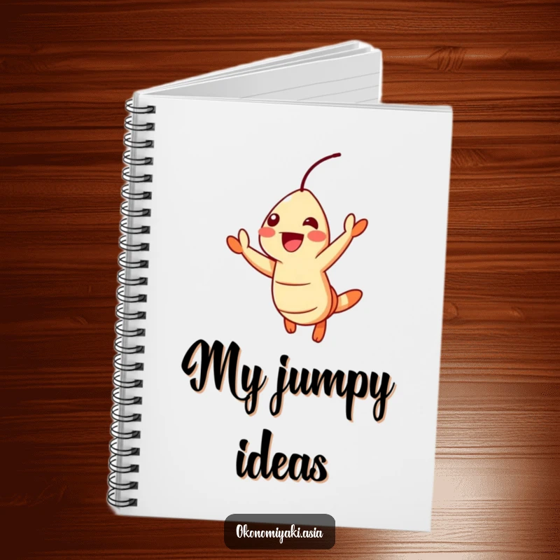Funny Notebook featuring a cheerful tempura shrimp jumping with excitement, perfect for journaling foodie adventures.