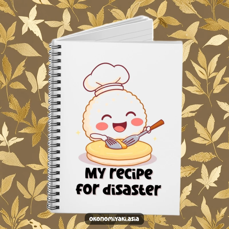 Funny notebook with a cute rice ball chef flipping a pancake on the cover, perfect for jotting down ideas.
