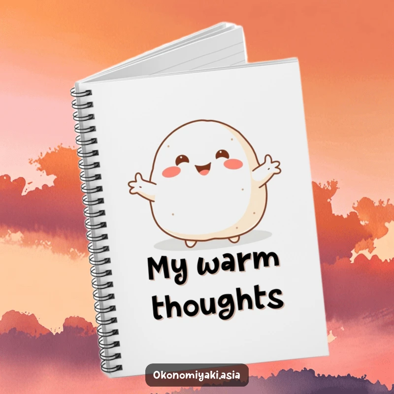 Funny Notebook featuring a smiling, plump onigiri with arms flung wide, perfect for journaling warm and welcoming thoughts.