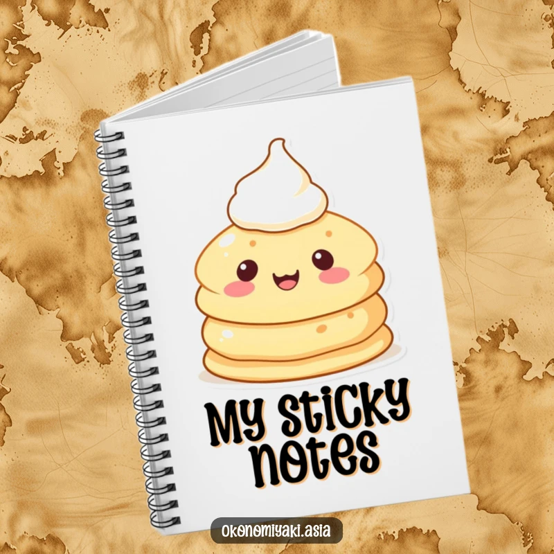 Funny Pancake Character Notebook with a cheerful, anthropomorphic pancake topped with cream, ideal for jotting down delicious ideas.