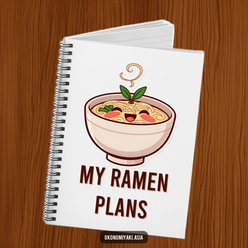 Funny Notebook featuring a smiling, stylized ramen bowl character with steam, perfect for notes, doodles, and foodie inspiration.