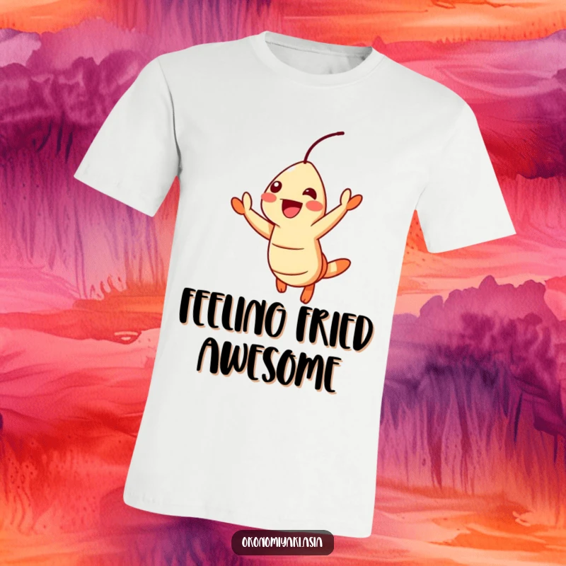 Funny T-Shirt depicting a cheerful tempura shrimp jumping with excitement, perfect for lively food enthusiasts.