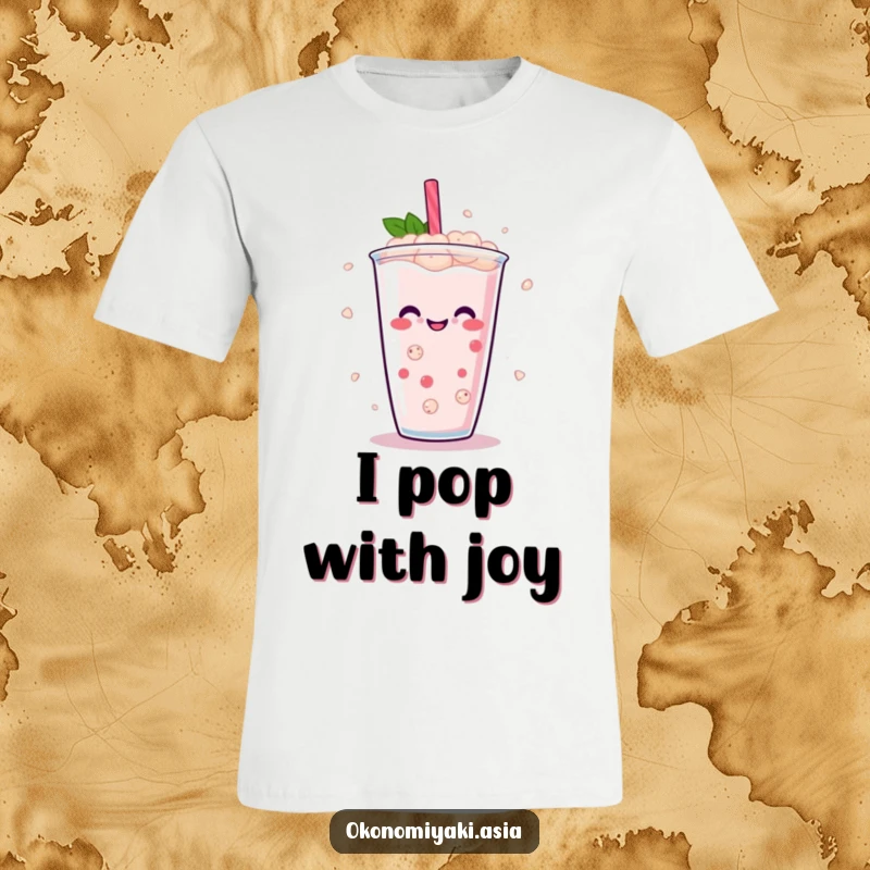 Funny Boba Pearl T-Shirt featuring abstract, smiling boba pearls in mid-dance in a drink, radiating pure joy and fun.