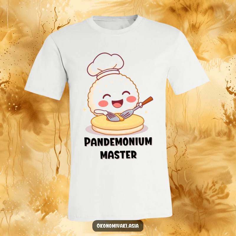 Funny t-shirt with a grinning rice ball wearing a chef hat, energetically flipping a pancake, showcasing culinary fun.