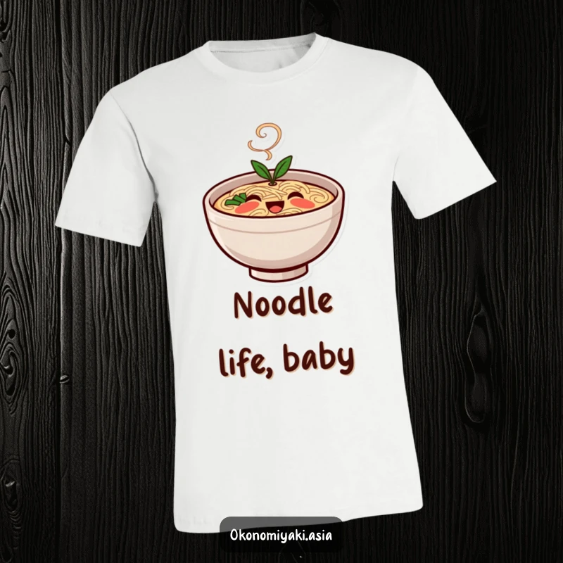 Funny T-Shirt showcasing a smiling, stylized ramen bowl character with steam gently rising, embodying cuteness and comfort.