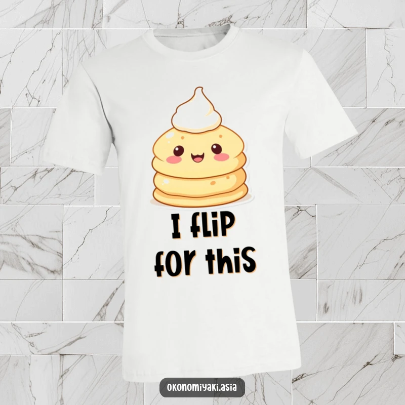 Funny Pancake Character T-Shirt depicting a cheerful, anthropomorphic pancake with a dollop of cream, radiating pure breakfast happiness.