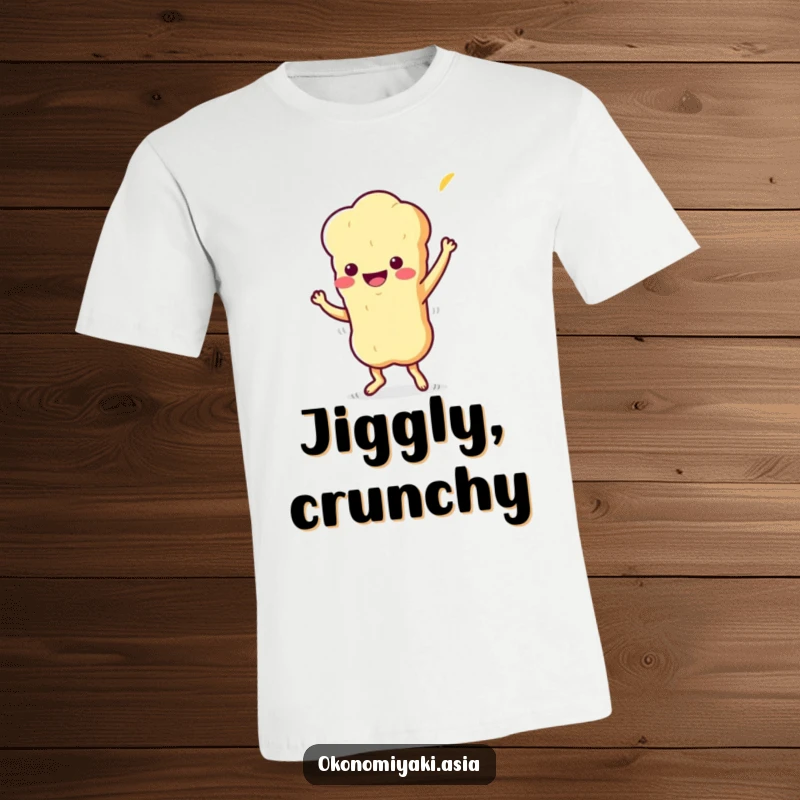 Funny T-Shirt showcasing a stylized, wiggling tempura character performing a playful jig, full of movement and fun.