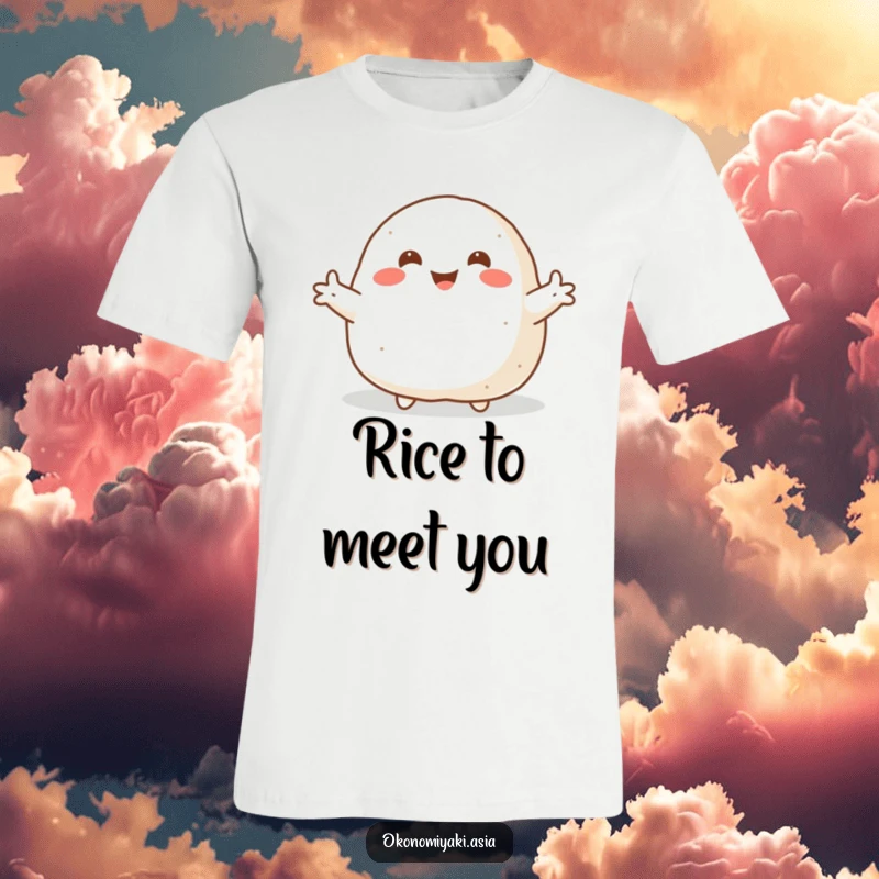 Funny T-Shirt depicting a smiling, plump onigiri with arms flung wide, joyfully welcoming others with a friendly embrace.