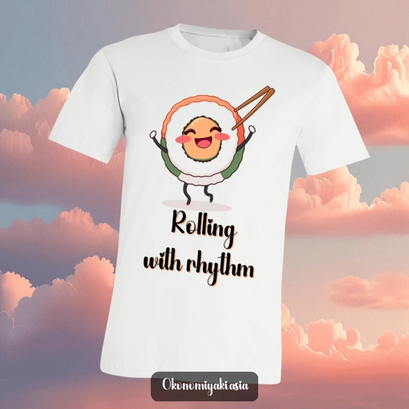 Funny T-Shirt depicting a smiling round sushi with legs happily dancing with chopsticks, perfect for food lovers.