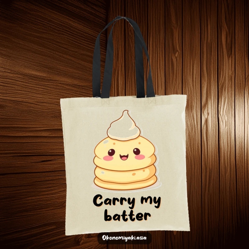 Funny Pancake Character Tote Bag featuring a cheerful, anthropomorphic pancake with cream, radiating delightful breakfast vibes.