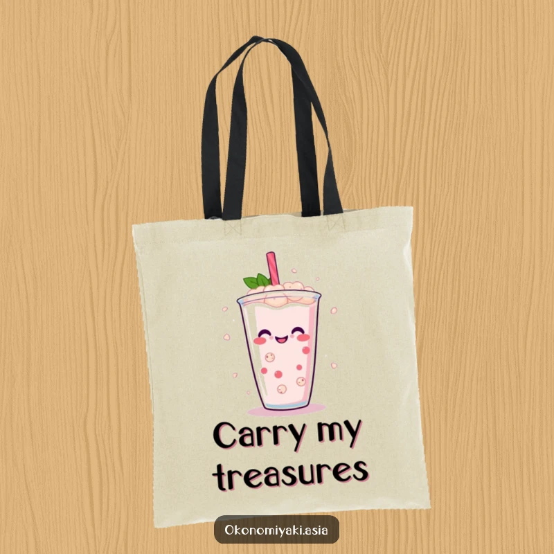 Funny Boba Pearl Tote Bag depicting abstract, smiling boba pearls dancing energetically in a drink, a functional and fun accessory.