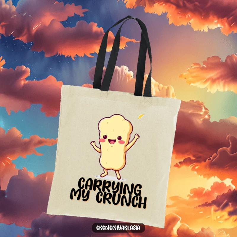 Funny Tote Bag with a stylized, wiggling tempura character doing a playful jig, perfect for carrying daily items.