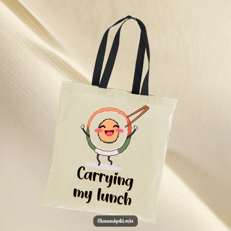 Funny Tote Bag featuring a smiling round sushi with legs happily dancing with chopsticks, perfect for carrying essentials joyfully.