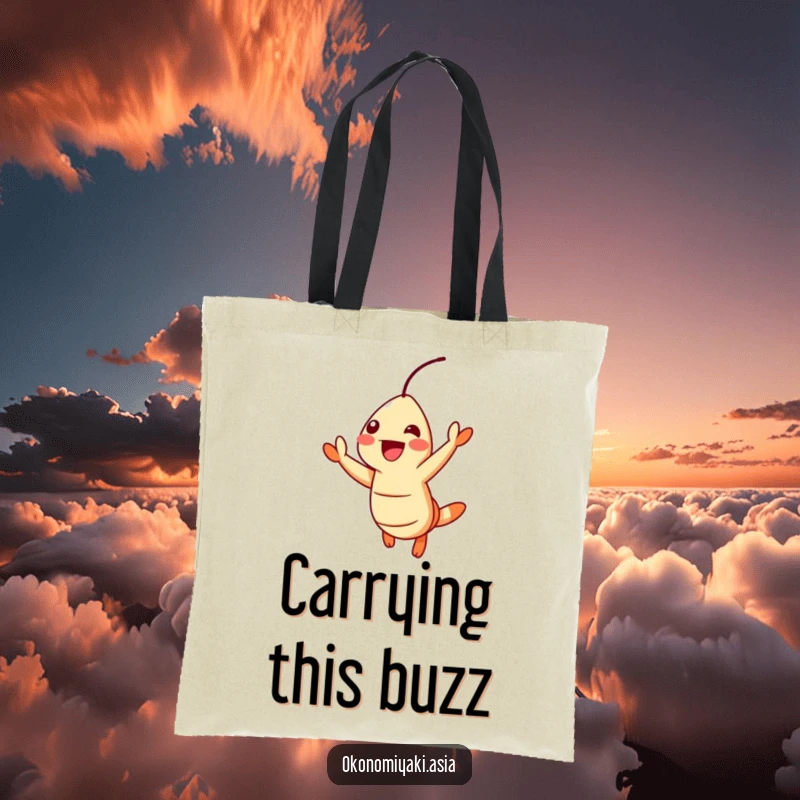 Funny Tote Bag featuring a cheerful tempura shrimp jumping with excitement, perfect for carrying essentials with energetic joy.