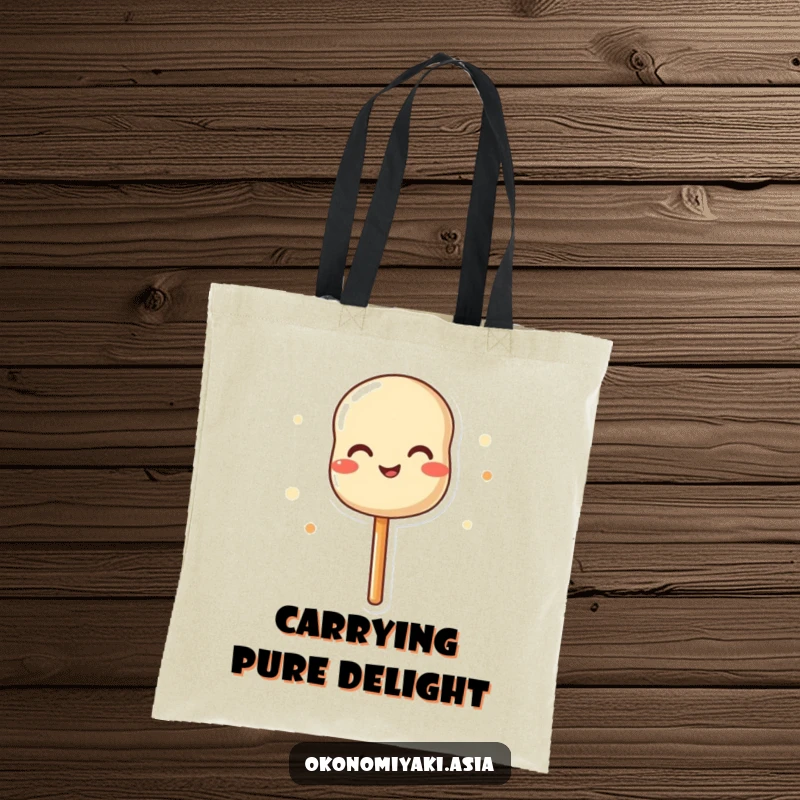 Funny tote bag featuring a delighted dango skewer in a joyful wiggle, perfect for cute and practical use.