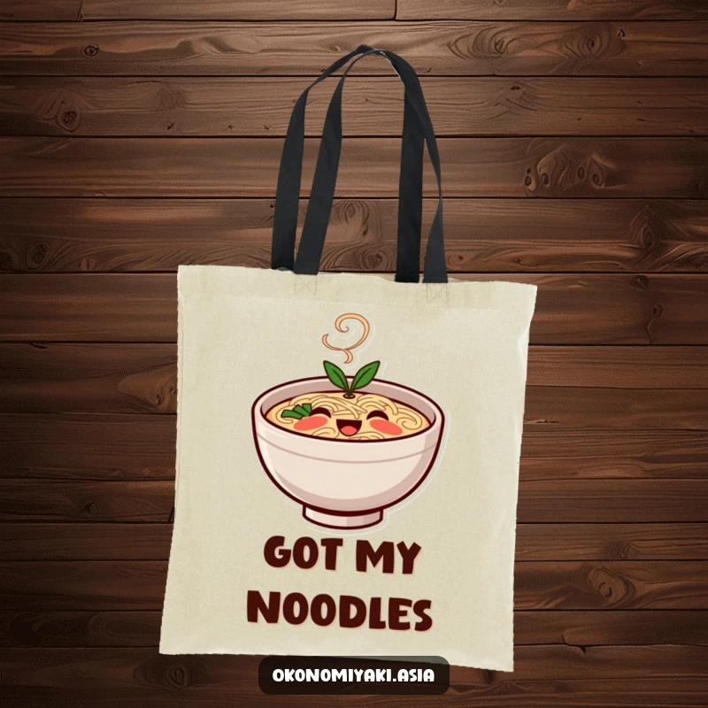 Funny Tote Bag with a smiling, stylized ramen bowl character and gentle steam, perfect for carrying essentials.