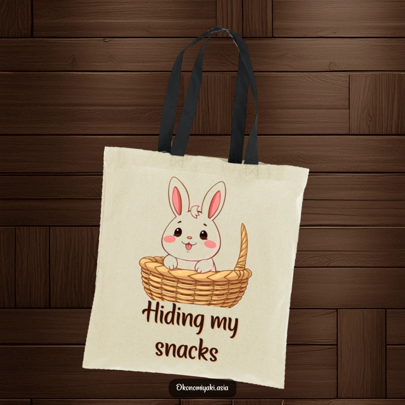 Funny Tote Bag with a happy, anthropomorphic bao bun character peeking out from a woven basket, perfect for daily use.